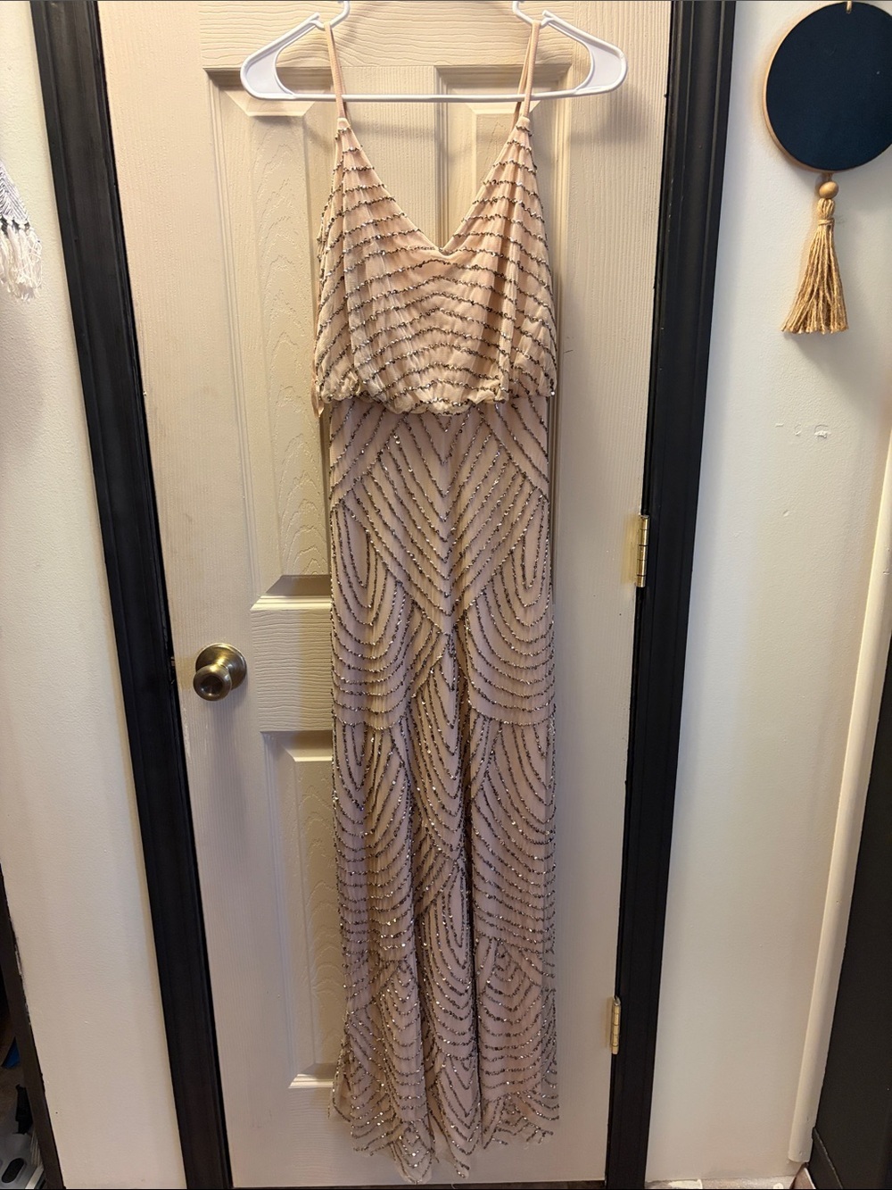 Adrianna Papell Nude Beaded V-Neck Evening Gown